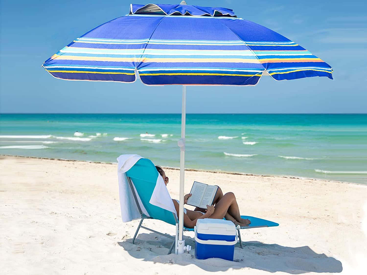 7Ft Heavy Duty Beach Umbrella UV 50 With Sand Anchor Tilt