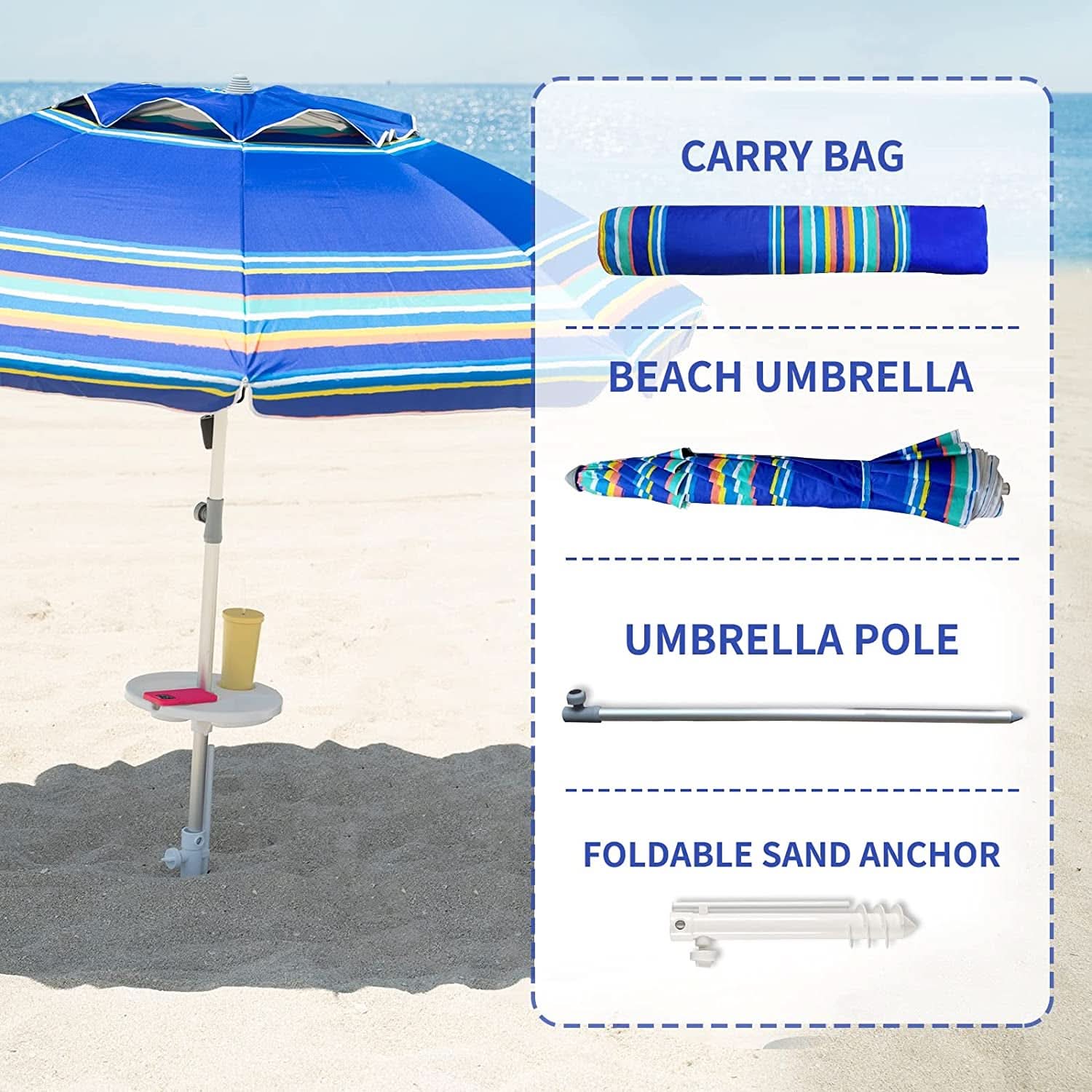 7Ft Heavy Duty Beach Umbrella UV 50 With Sand Anchor Tilt