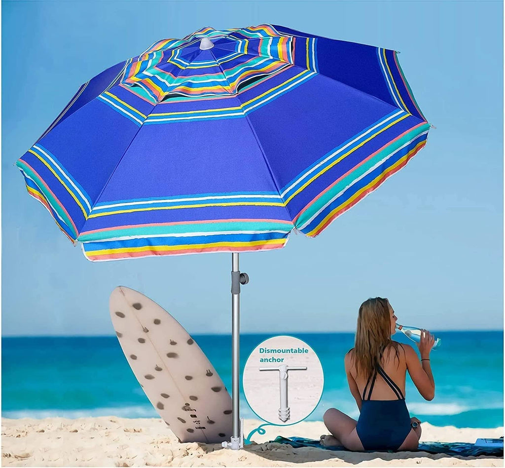 7Ft Heavy Duty Beach Umbrella UV 50 With Sand Anchor Tilt