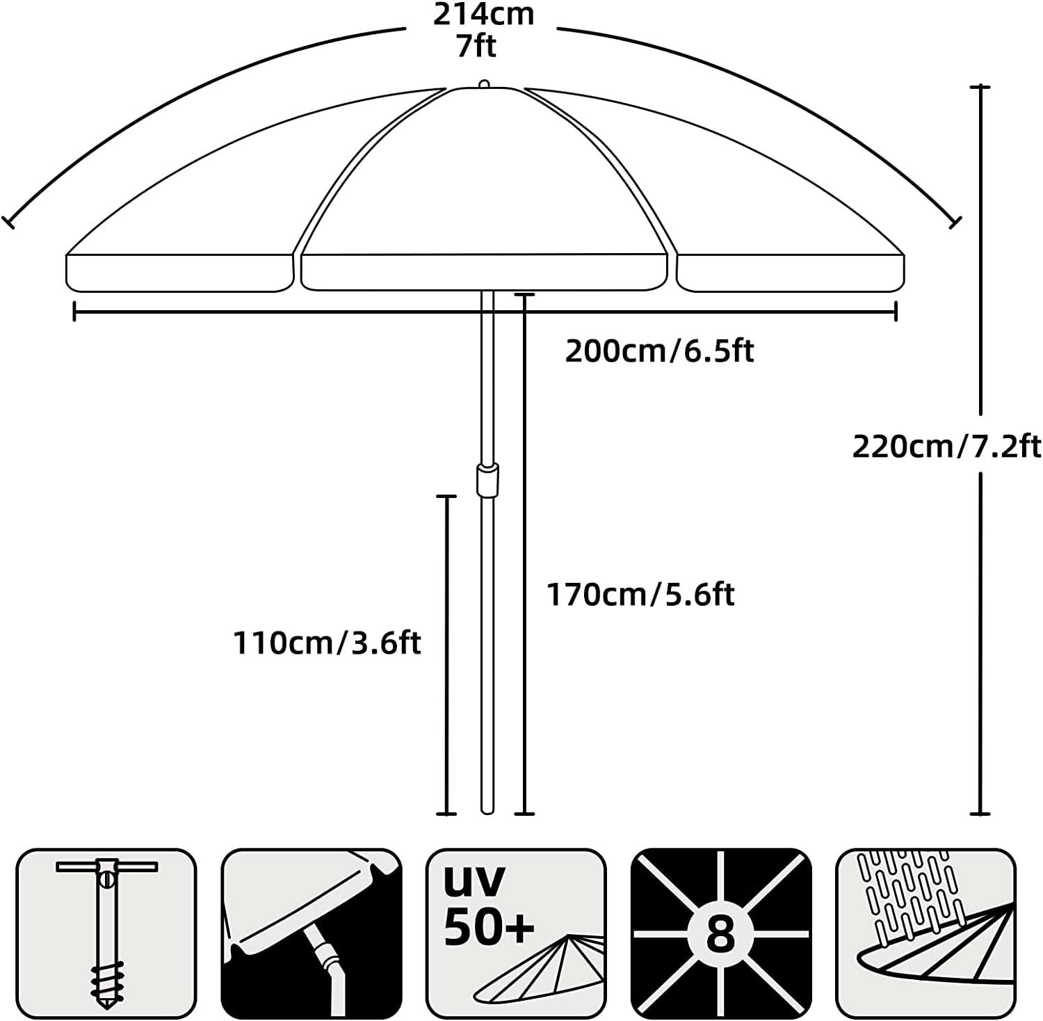 7Ft Heavy Duty Beach Umbrella UV 50 With Sand Anchor Tilt