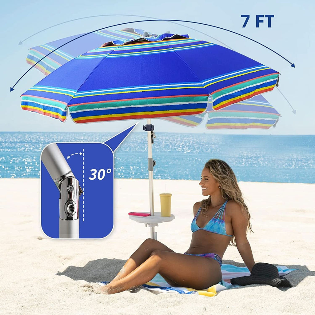 7Ft Heavy Duty Beach Umbrella UV 50 With Sand Anchor Tilt