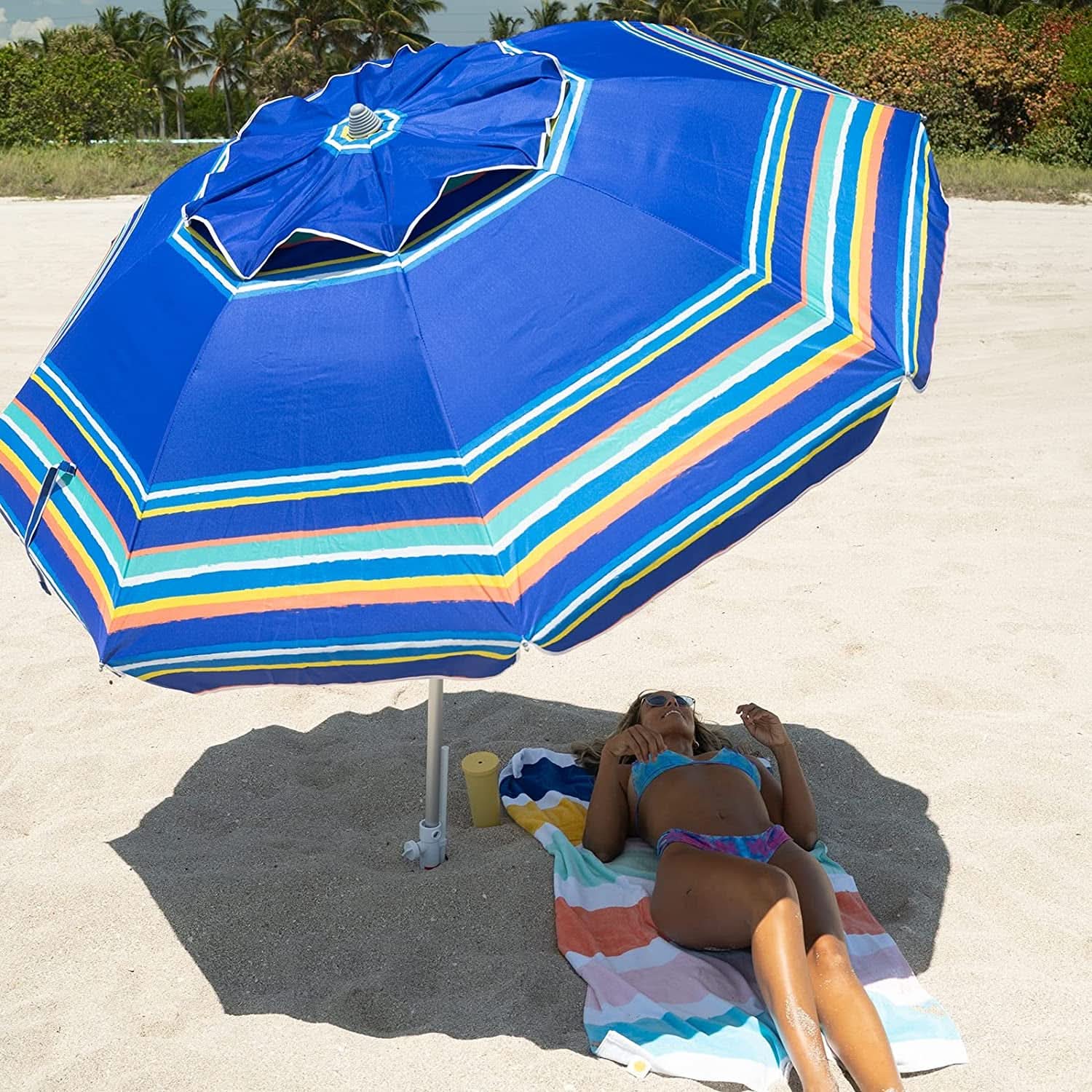 7Ft Heavy Duty Beach Umbrella UV 50 With Sand Anchor Tilt